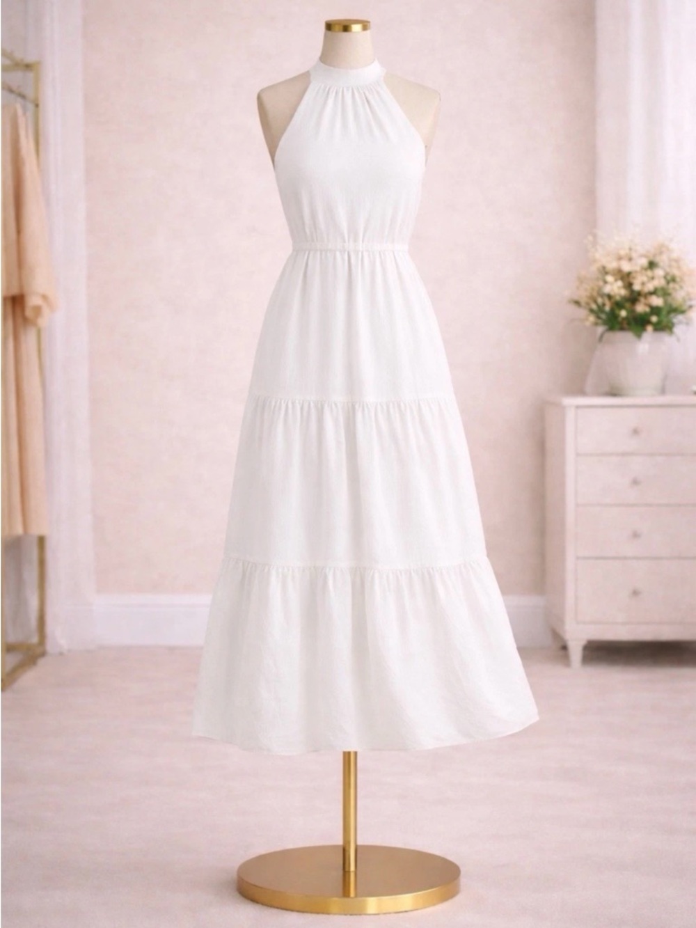 Anne Klein White Halter Tiered Maxi Dress Size 10 NWT